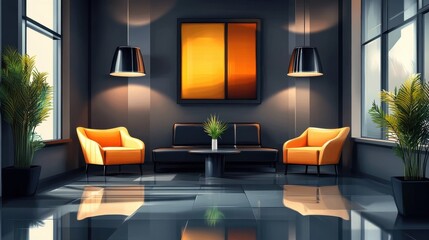 A modern living space with furniture and decorative elements