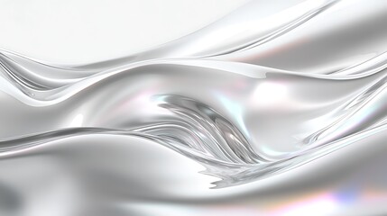 Abstract iridescent silver waves with smooth curves and shimmering light reflections