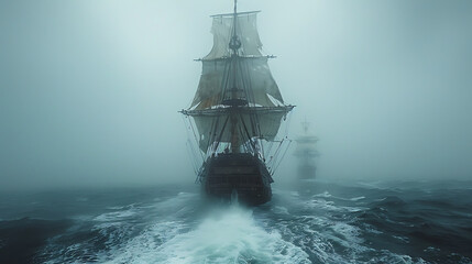 Fototapeta premium A majestic ship navigating through thick fog on a turbulent sea, with another vessel in the distance