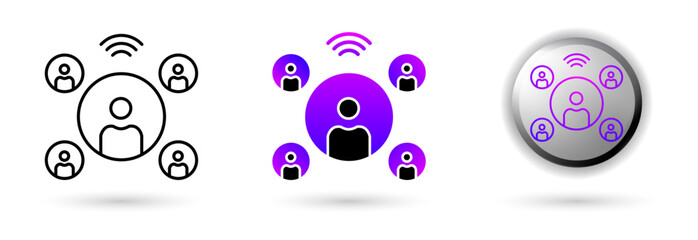 Naklejka premium Metaverse Social Connections modern icons represent the virtual world and future digital technology, various outline, solid and glossy effect styles, ideal for NFT, games, presentations etc.