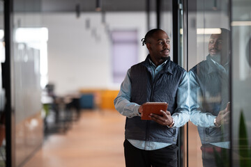 A confident, mature businessman in his 40s-50s using a tablet in a modern office. He is engaged in digital finance management, leveraging technology and artificial intelligence for investment