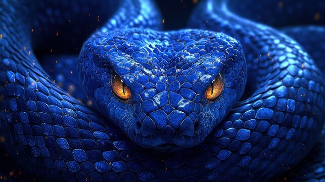 Close-up of a menacing blue snake, fire in background