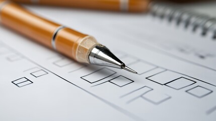 Close-up of an orange pencil on a sheet of paper with design sketches.