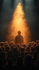 A performer stands illuminated by a warm spotlight, captivating an audience in a dark venue