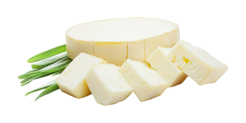 Fresh cheese and slices arranged with green herbs for culinary presentation and enjoyment at home or in restaurants, cut out