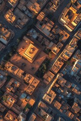 Golden sunlight city aerial perspective buildings shadows rooftops.