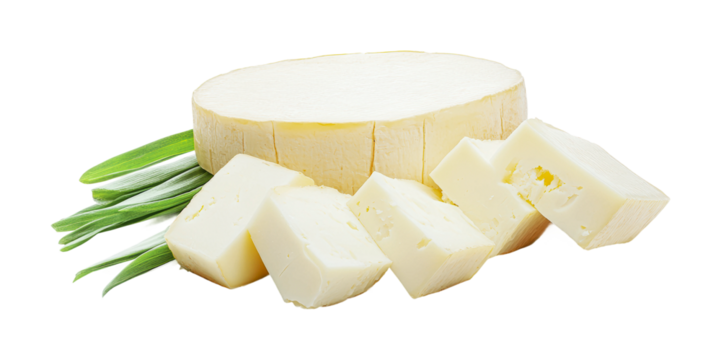 Fresh cheese and slices arranged with green herbs for culinary presentation and enjoyment at home or in restaurants, cut out