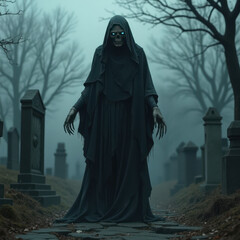 A hooded skeleton figure with glowing eyes stands in a misty, eerie graveyard