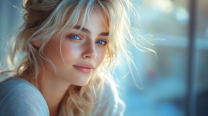 Fototapeta premium A young woman gazes thoughtfully, her hair glowing in the soft afternoon light