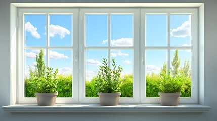 Fototapeta premium Bright and fresh view through a window with green plants basking in sunlight.