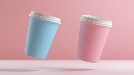 Glossy and matte paper cups in contrasting color schemes, floating in a minimalist setup. --chaos 20 --ar 16:9 --quality 2 --v 6.1 Job ID: 9fc62c2d-6dcd-46e0-a27e-f6ab3aa7ef28