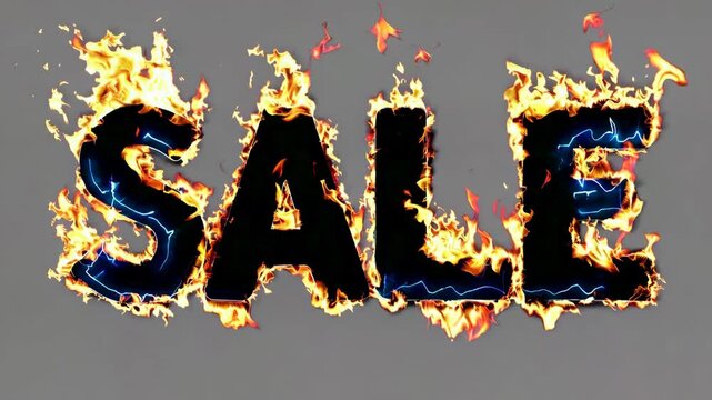 Burning sale word with flames and electric effects on white and gray background