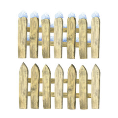 Plank wooden fence. With and without snow. Set of hand-drawn watercolor illustrations on isolated background. For decor, design, printing, polygraphy