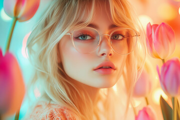 Obraz premium a woman wearing glasses and a sweater with tulips in the background and a bright light coming from behind her