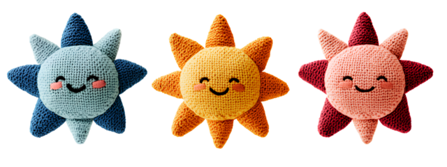 Three knitted, colorful, sun-shaped toys isolated on a transparent background. Cutout PNG file