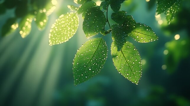 Fresh green leaves adorned with dew drops sparkle as sunlight filters through the branches