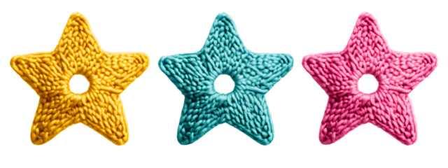  Three knitted, colorful, sun-shaped toys isolated on a transparent background. Cutout PNG file