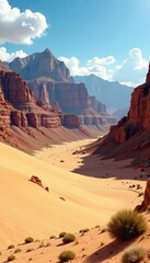 Naklejka premium Sand dunes surrounded by rugged peaks in an arid wilderness setting, landscape, arid