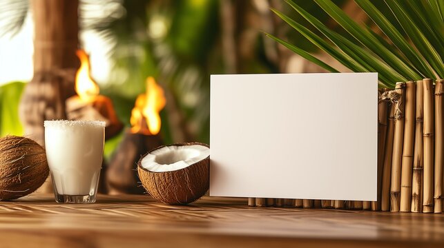 Plain white paper card standing tropical island bamboo counter table coconut shells, mockup message note 