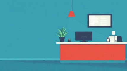 A minimalist illustration showcasing a reception desk in a blue room