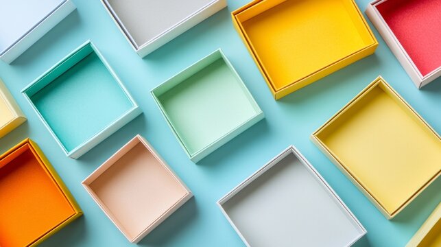 Minimalist arrangement of square and rectangular paper boxes in complementary colors.