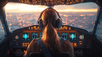 A female pilot skillfully maneuvers her aircraft as the sun sets, showcasing her talent
