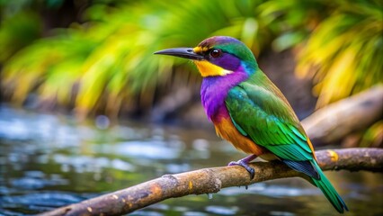 Obraz premium Vibrant Plumage of a Jewel-toned Bird Perched on a Branch Over a Gently Flowing Stream