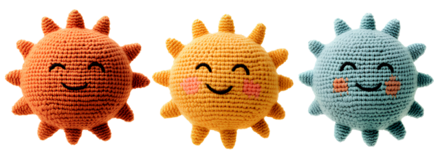 Three knitted, colorful, sun-shaped toys isolated on a transparent background. Cutout PNG file