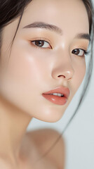 Close up portrait of Asian woman with flawless skin subtle makeup and glossy lips Minimalist beauty aesthetic
