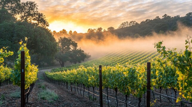 Rolling fog over a vineyard as the golden morning light touches the grapes. 