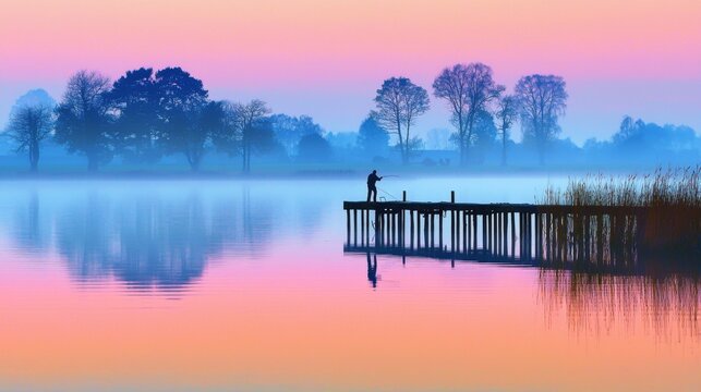 Serene lake reflecting the pastel colors of dawn, with a lone fisherman casting his line from a wooden pier.  - Powered by Adobe