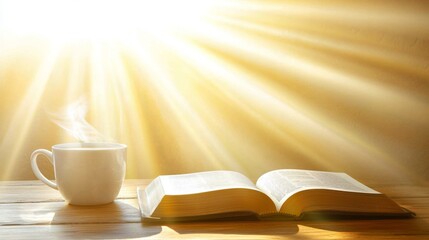 Soft morning light streaming through a window onto a steaming cup of coffee and an open book on a wooden table.