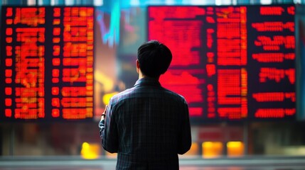 A person observes red data on illuminated electronic display panels