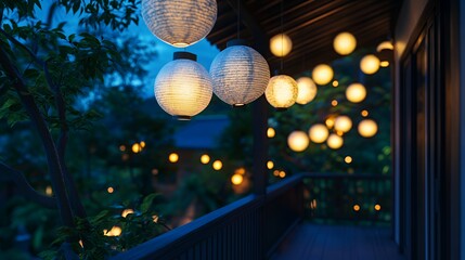 Fototapeta premium Serene outdoor patio illuminated by glowing lanterns at dusk.