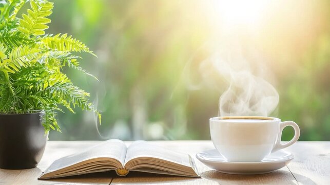 Soft morning light streaming through a window onto a steaming cup of coffee and an open book on a wooden table.