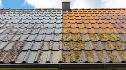 Roof Cleaning Comparison, House, Tiles, Moss, Cloudy Sky