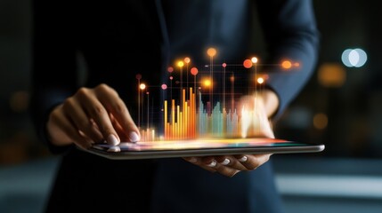 Person holding a tablet displaying data visualizations and glowing lights
