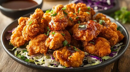 A close-up of Japanese karaage, crispy fried chicken pieces served with shredded cabbage, accompanied by a side of soy-based dipping sauce