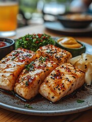 Grilled salmon fillets garnished with herbs and sauces on a rustic wooden table