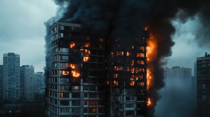 Thick black smoke engulfs the upper floors, pouring into the sky as emergency crews rush to control the blaze in the residential high-rise.