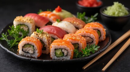 Vibrant sushi platter with colorful rolls and chopsticks on black table