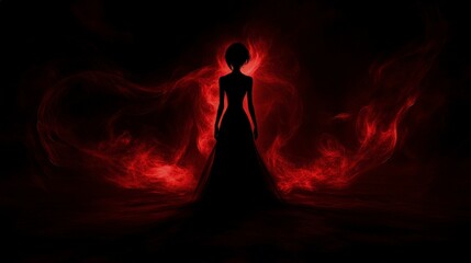 A dark silhouette of an individual standing in the shadows, illuminated by red smoke that creates a mysterious and intense atmosphere