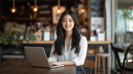 Fototapeta premium young Asian woman with long hair is sitting at wooden table in cozy cafe, smiling while using laptop. warm lighting and blurred background create welcoming atmosphere