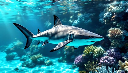 Naklejka premium Shark Swimming Gracefully in Clear Tropical Water with Coral Reef