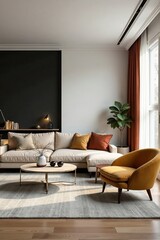 Fototapeta premium Stylish urban living room with minimalist furniture and art deco accents, decor, urban