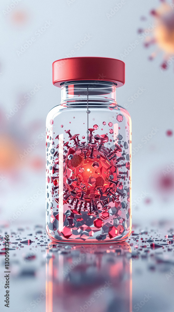 Aufkleber rendering of virus particles encapsulated within clear vial with red stopper on reflective surface