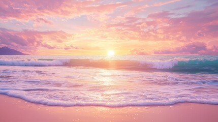 Fototapeta premium Sunrise over a calm beach, gentle waves washing ashore as the sky glows in shades of pink, orange, and purple.