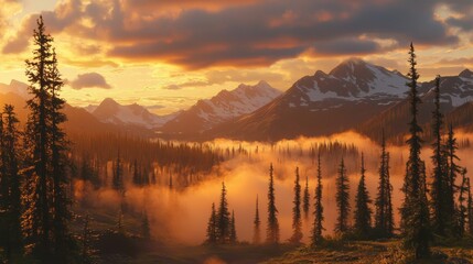 Sunrise over a misty mountain valley, golden light illuminating the peaks and soft fog rolling through the trees. --chaos 20 --ar 16:9 --quality 2 --v 6.1 Job ID: 6e74b95a-8ba6-49a1-94b2-daa9cadb6d44