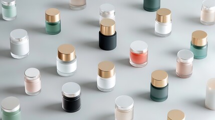 Obraz premium Assorted cosmetic jars on a light gray surface