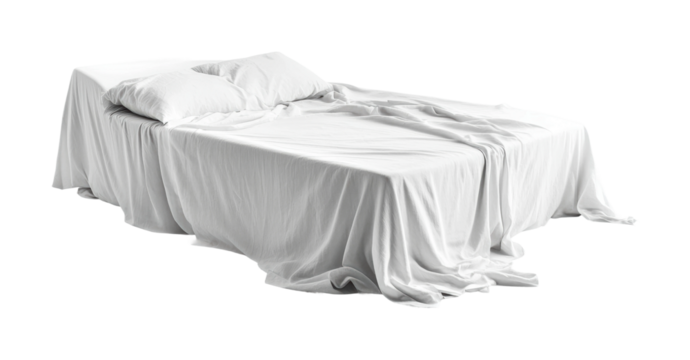 White bedding arrangement with pillows and blanket creating a soft, inviting atmosphere ideal for relaxation and sleep, cut out